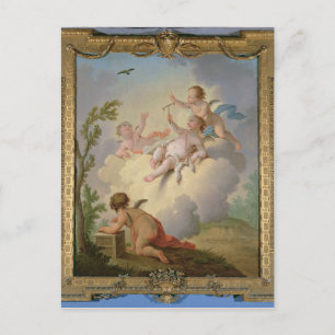 Engel spielen mit einem Vogel in einer Landschaft Postkarte