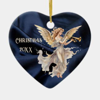 Engel spielt Trompete Blau Herzförmiges Weihnachte Keramik Ornament