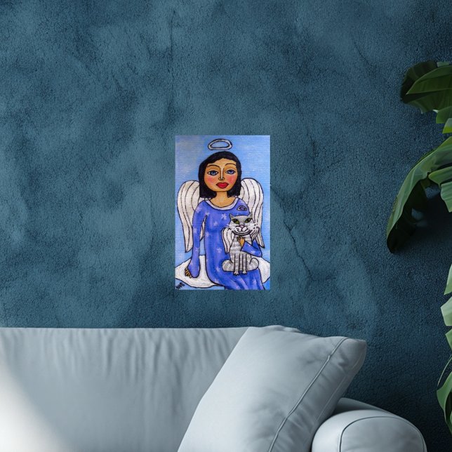 Engel und Katze auf einer Wolke Poster (Angel blue dress on cloud holding white angel cat on sky blue art wall poster.)