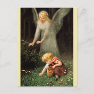 Engel und Mädchen im Wald. Postkarte