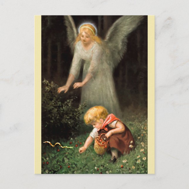 Engel und Mädchen im Wald. Postkarte (Vorderseite)