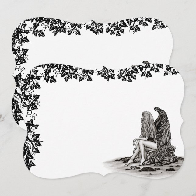 Engel , verloren in Gedanken , Schwarzweiß Design Einladung (Vorne/Hinten)