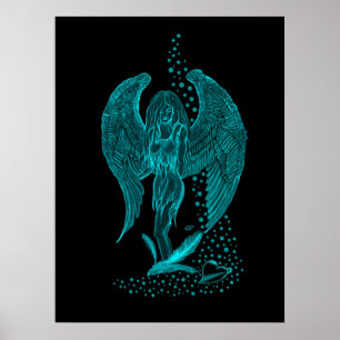 Engel, verloren in Liebe, schwarzes und grünes Des Poster