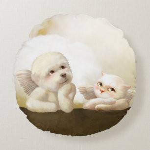 Engelhaftes Duo: Lächelnder Bichon & Bao Bao Cloud Rundes Kissen