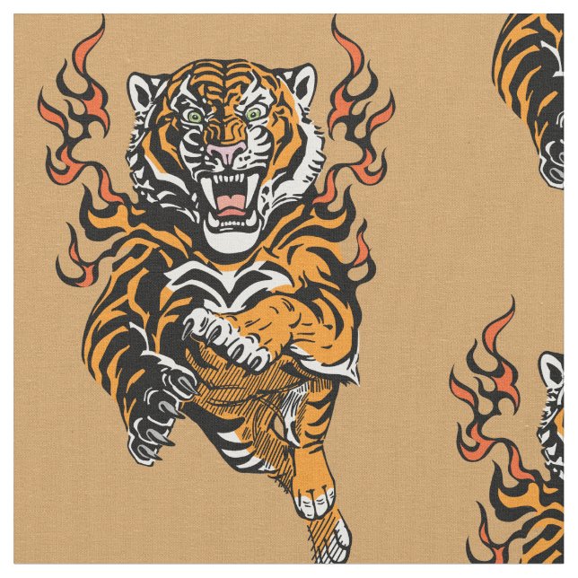 Engeliger Tiger in Flammenzungen Stoff (Nahaufnahme)