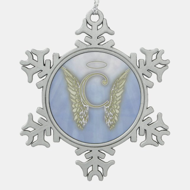 Engels-Monogramm des Buchstabe-C Schneeflocken Zinn-Ornament (Vorderseite)