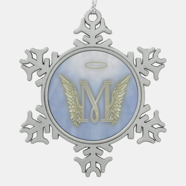 Engels-Monogramm des Buchstabe-M Schneeflocken Zinn-Ornament (Vorderseite)