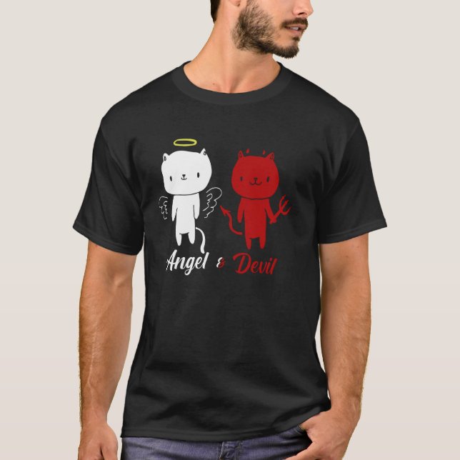 Engels- und Teufel-Katze-Design T-Shirt (Vorderseite)