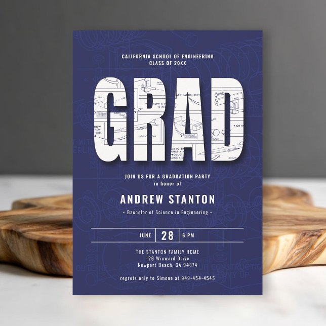 Engineering Abschluss Engineer Blue White Party Einladung (engineering engineer graduation ceremony party invitation navy blue white template minimalist modern)
