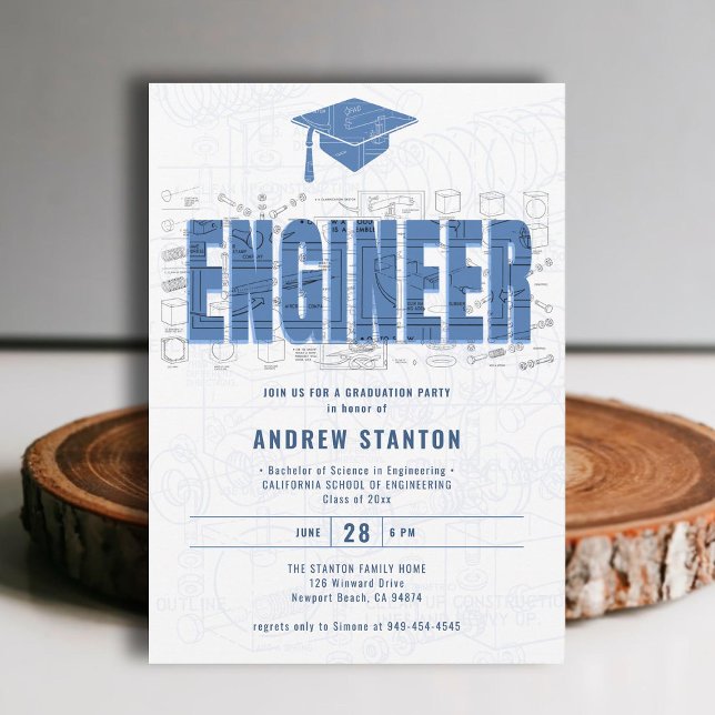 Engineering Abschluss Engineer Cap White Party Einladung (engineering engineer graduation ceremony party invitation white blue grad cap modern minimalist)
