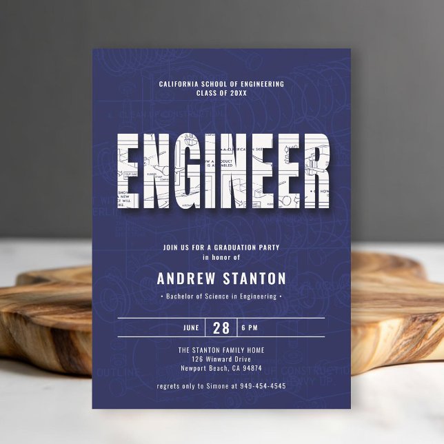Engineering Abschluss Engineer Navy White Party Einladung (engineering engineer graduation ceremony party invitation navy blue white template modern minimalist)