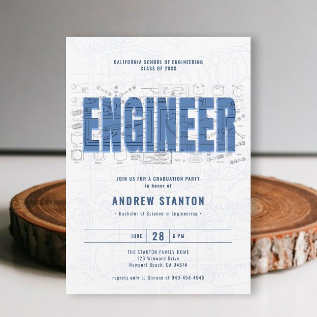 Engineering Abschluss Engineer White Draft Party Einladung (engineering engineer graduation ceremony party invitation white blue template modern minimalist)