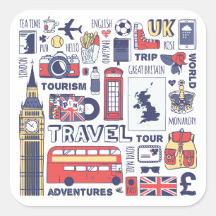 England Reisedoodles Quadratischer Aufkleber