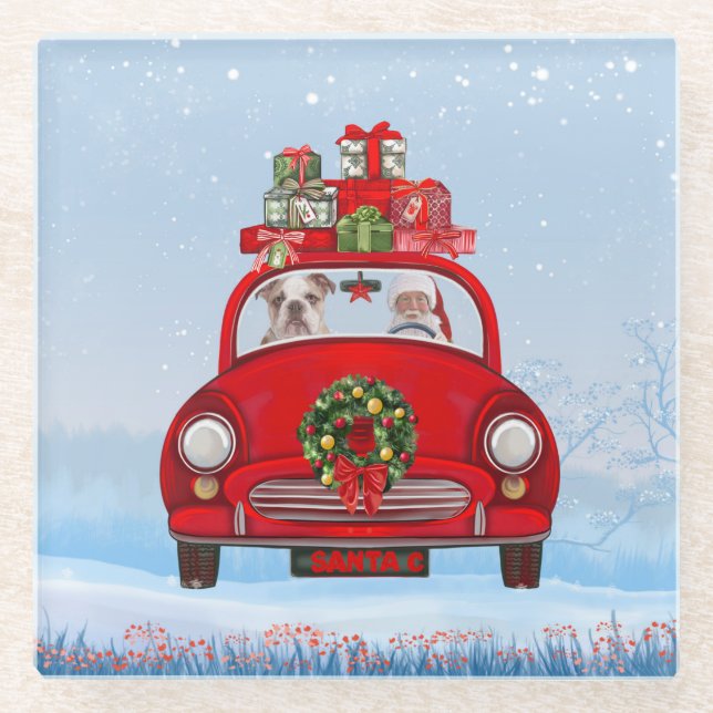Englisch Bulldog in Car mit dem Weihnachtsmann Glasuntersetzer (Vorderseite)