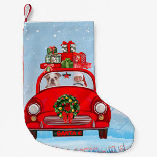 Englisch Bulldog in Car mit dem Weihnachtsmann Kleiner Weihnachtsstrumpf