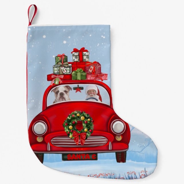 Englisch Bulldog in Car mit dem Weihnachtsmann Kleiner Weihnachtsstrumpf (Vorderseite)