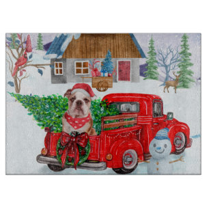 Englisch Bulldog in Christmas Delivery LKW Schnee Schneidebrett