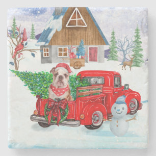 Englisch Bulldog in Christmas Delivery LKW Schnee Steinuntersetzer