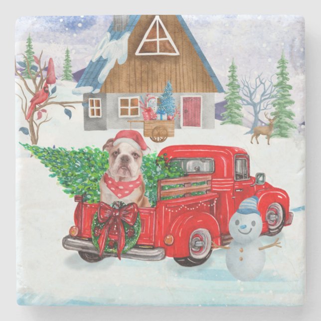 Englisch Bulldog in Christmas Delivery LKW Schnee Steinuntersetzer (Vorderseite)