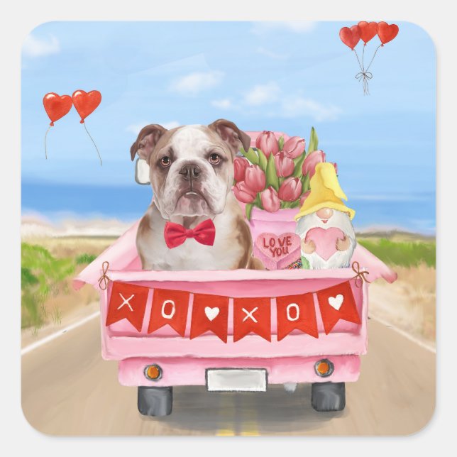 Englisch Bulldog Valentine's Day Lkw Herz Quadratischer Aufkleber (Vorderseite)