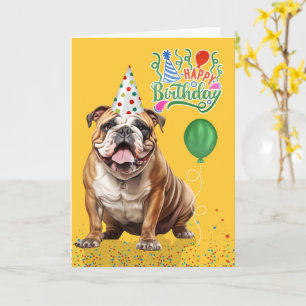 Englisch Bulldogge Partyhut Gelb Geburtstag Karte
