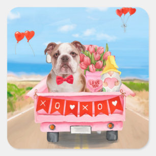 Englisch Bulldogge Valentinstag-LKW-Herzen Quadratischer Aufkleber