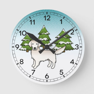 Englisch Cream Golden Retriever im Winter & Bäume Runde Wanduhr