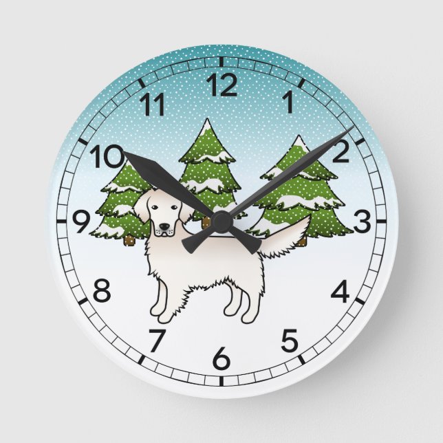 Englisch Cream Golden Retriever im Winter & Bäume Runde Wanduhr (Vorderseite)