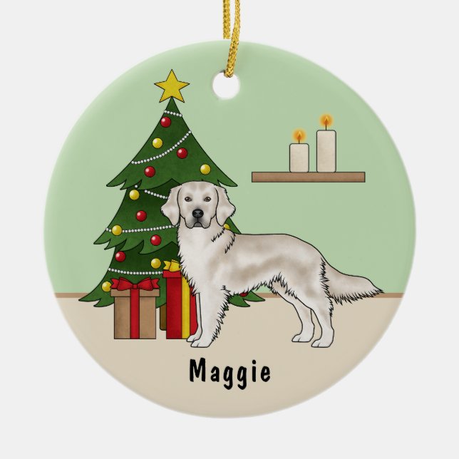 Englisch Cream Golden Retriever mit Weihnachtsbaum Keramik Ornament (Vorne)