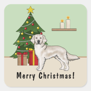 Englisch Cream Golden Retriever mit Weihnachtsbaum Quadratischer Aufkleber