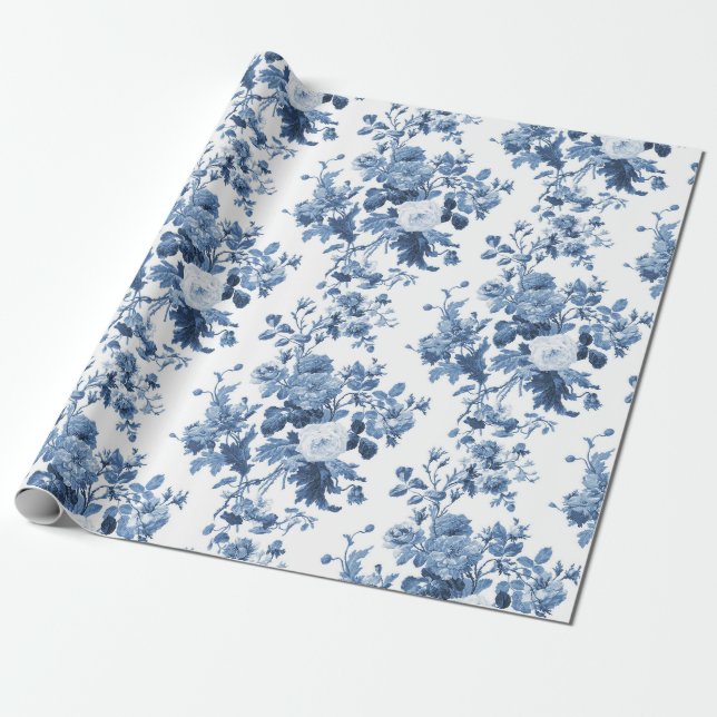Englisch Hütte Garden Floral Blue n White Pattern Geschenkpapier (Ungerollt)
