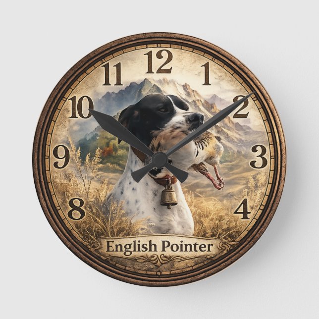 Englisch Pointer Jagd ,Chukar Rebhuhn Runde Wanduhr (Vorderseite)