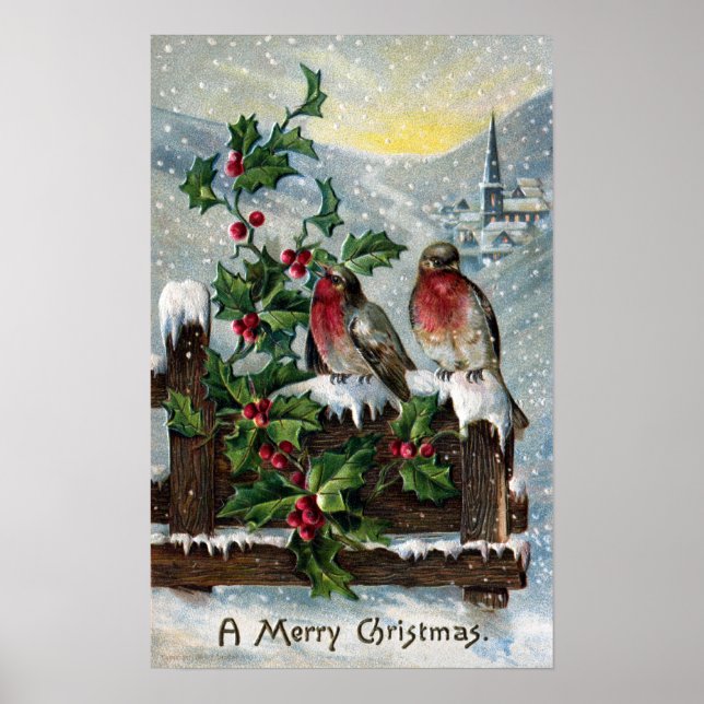 Englisch Robins on Fence Antique Christmas Poster (Vorne)