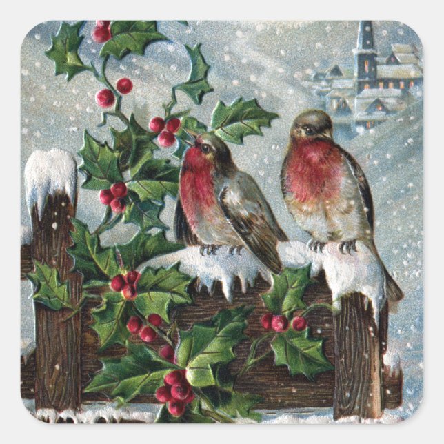 Englisch Robins on Fence Antique Christmas Quadratischer Aufkleber (Vorderseite)