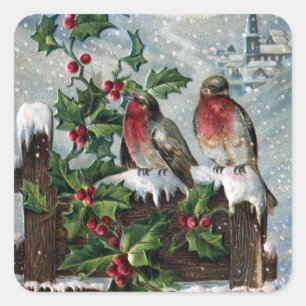 Englisch Robins on Fence Antique Christmas Quadratischer Aufkleber