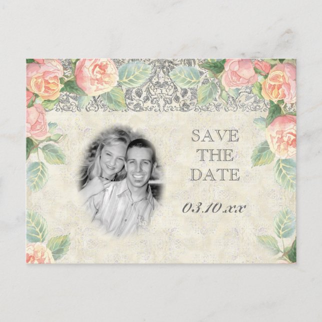 Englisch Rose & Silver Save the Date Postkarte (Vorderseite)