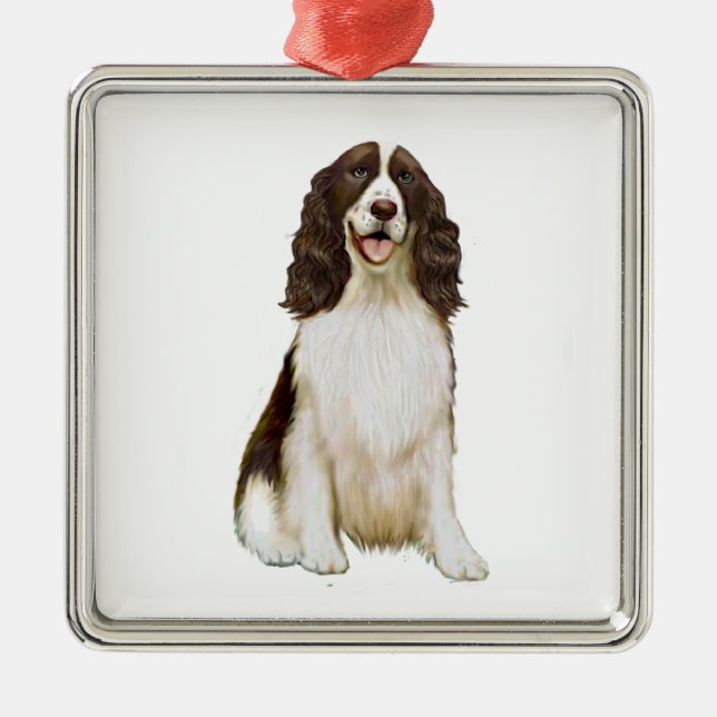 Englisch Springer Spanisch (B) - Leber und Weiß Silbernes Ornament (Vorne)