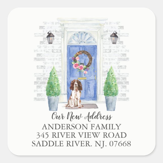 Englisch Springer Spanisch Door New Address Label Quadratischer Aufkleber (Vorderseite)