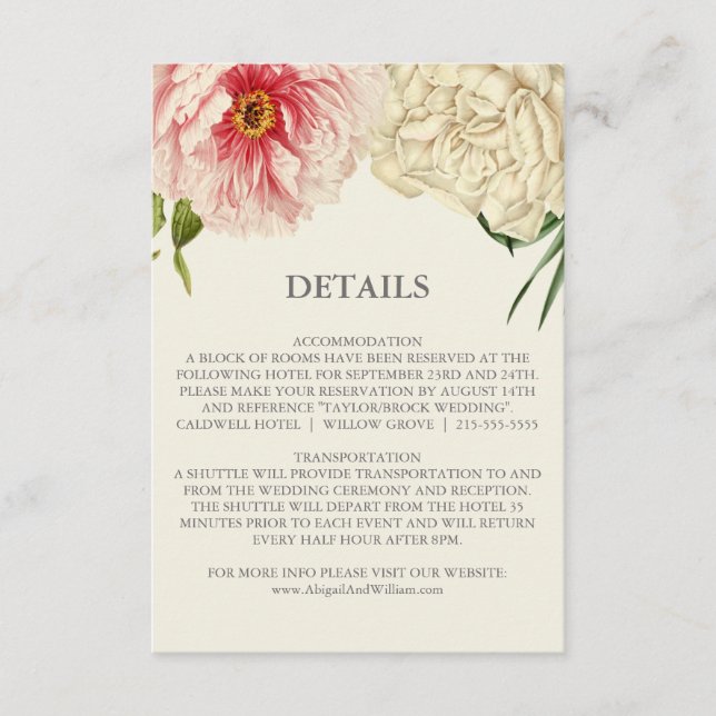 Englische Blooms Hochzeitdetails Beipackkarte Begleitkarte (Vorderseite)