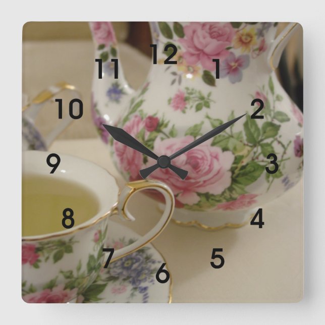 Englische Blumenteekanneteacup-Wand Clcok Quadratische Wanduhr (Vorderseite)
