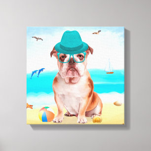 Englische Bulldogge am Strand Leinwanddruck