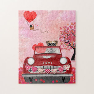 Englische Bulldogge fährt Auto mit Herzen Valentin Puzzle
