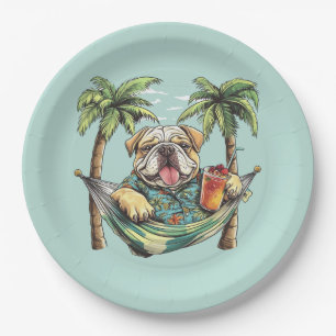 Englische Bulldogge in hawaiianischem Oberteil Pappteller