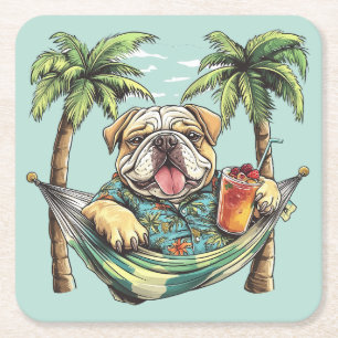 Englische Bulldogge in hawaiianischem Oberteil Rechteckiger Pappuntersetzer