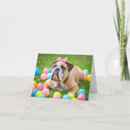 Englische Bulldogge mit Bogen mit Ostereiern Feiertagskarte