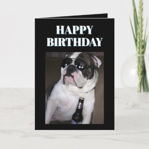 Englische Bulldogge mit Sonnenbrille und Bier Karte