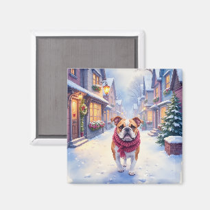 Englische Bulldogge Schneelandschaft Weihnachtsdor Magnet