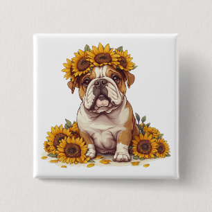 Englische Bulldogge Sonnenblumenkrone Button