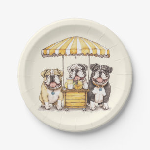 Englische Bulldoggen betreiben einen Limonadenstan Pappteller