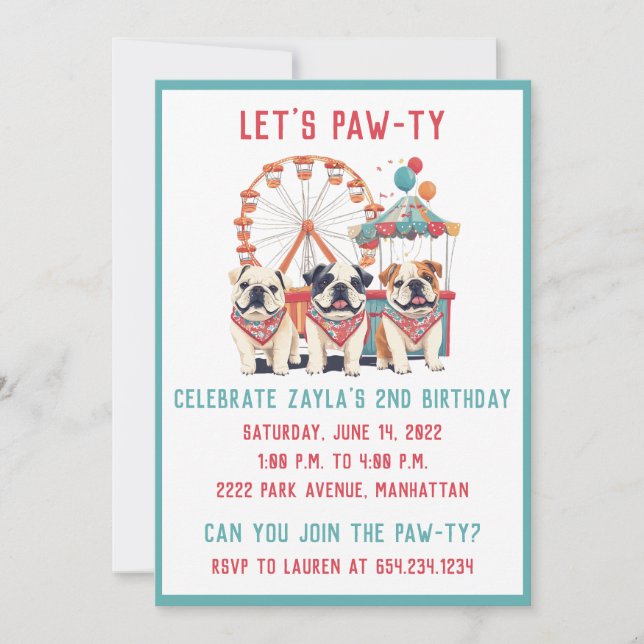 Englische Bulldogs zum Geburtstag im Karneval Einladung (Vorderseite)